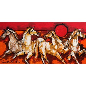 Mashkoor Raza, 24 x 48 Inch, Oil on Canvas, Horse Painting, AC-MR-639